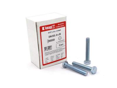 Болт M8 x 50 DIN 933 Квадра 6 гр. головa, цинк, кл. 5.8 коp. 10 шт.