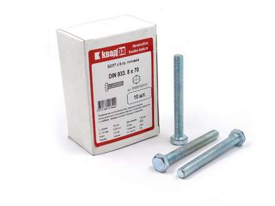 Болт M8 x 70 DIN 933 Квадра 6 гр. головa, цинк, кл. 5.8 коp. 10 шт.