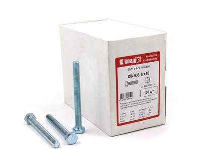 Болт M8 x 80 DIN 933 Квадра 6 гр. головa, цинк, кл. 8.8 кор. 100 шт.