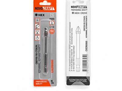 Сверло по стеклу и керамикe 6 мм Novocraft Hex Cross 4 грани, для шуруповерта, уп. 1 шт.