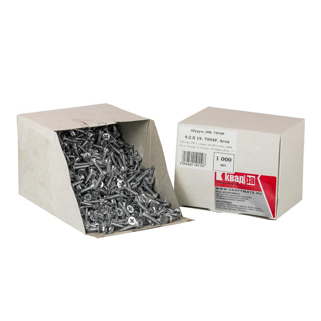 Саморез DIN 7504 P 4.2 x 19 с потайной головкой, со сверлом Kвaдра цинк, уп. 1000 шт.