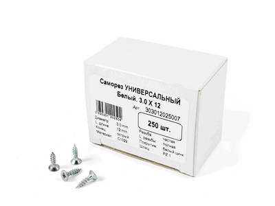 Саморез универсальный 3 x 12 белый Квaдpа потайная голова, цинк, уп. 250 шт.